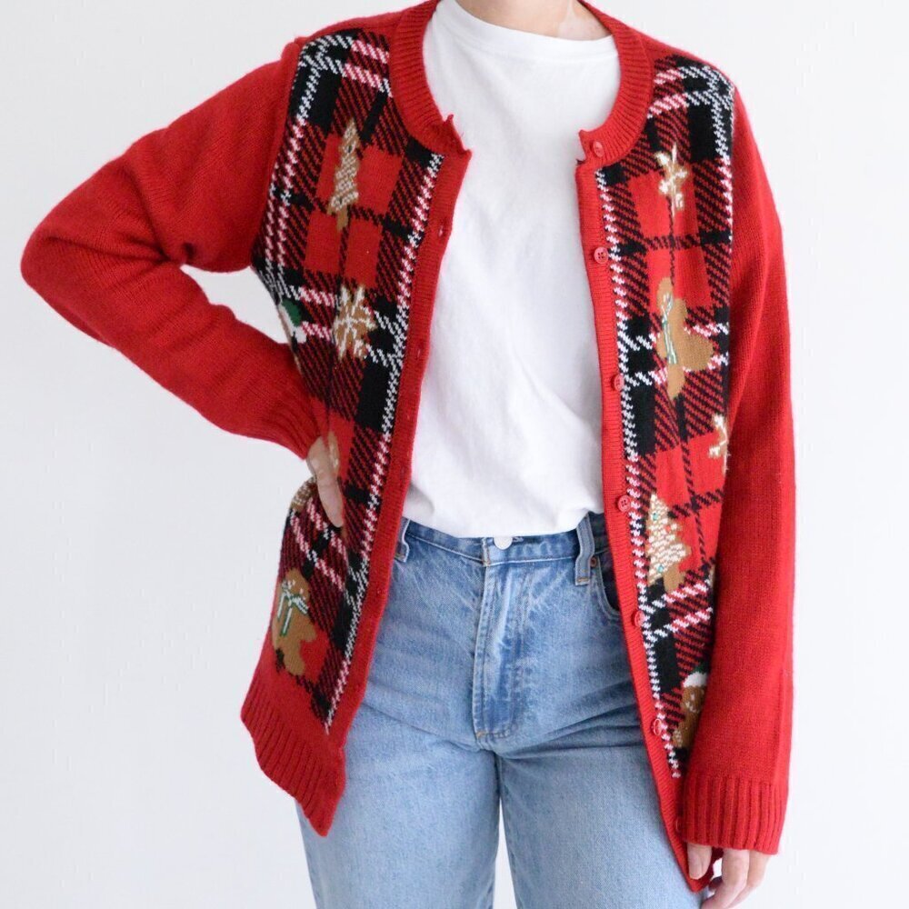 Vintage Kim Rogers Red Black Gingerbread Christmas Button Up Cardigan Sweater L